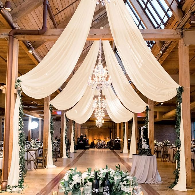 MODFUNS Champagne Ceiling Drapes for Parties 2 Panels 5FTx20FT Sheer Fabric for Draping Chiffon Curtain Ceiling Backdrop Wedding Arch Drapes Fabric Tulle Wedding Curtains Banquet Hall Tent Drapery