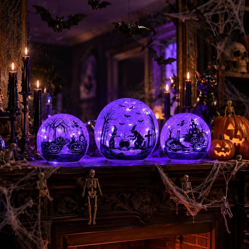 NEEDOMO Halloween Decorations Indoor, 3 Pack Witch Crackle Glass Globe Purple...