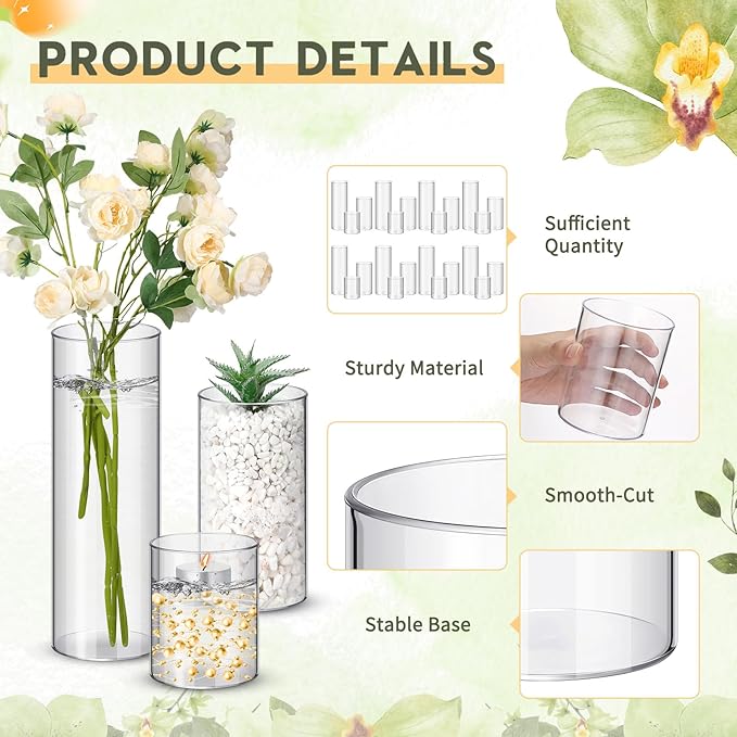 Nuogo 12 Pcs Plastic Cylinder Vases Tall Clear Flower Vases for Centerpieces Hurricane Candle Holder for Home Wedding Office Party Formal Dinners Decorations (4''/6''/8'')