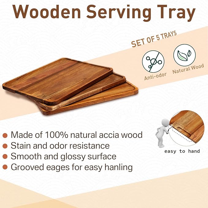 Roowest 5 Pack Solid Acacia Wood Serving Trays for Laser Engraving Rectangular Wooden Board for Food Appetizer Serving Tray Plates for Vegetables Fruit Cheese Housewarming Gifts(13 x 9 Inch)