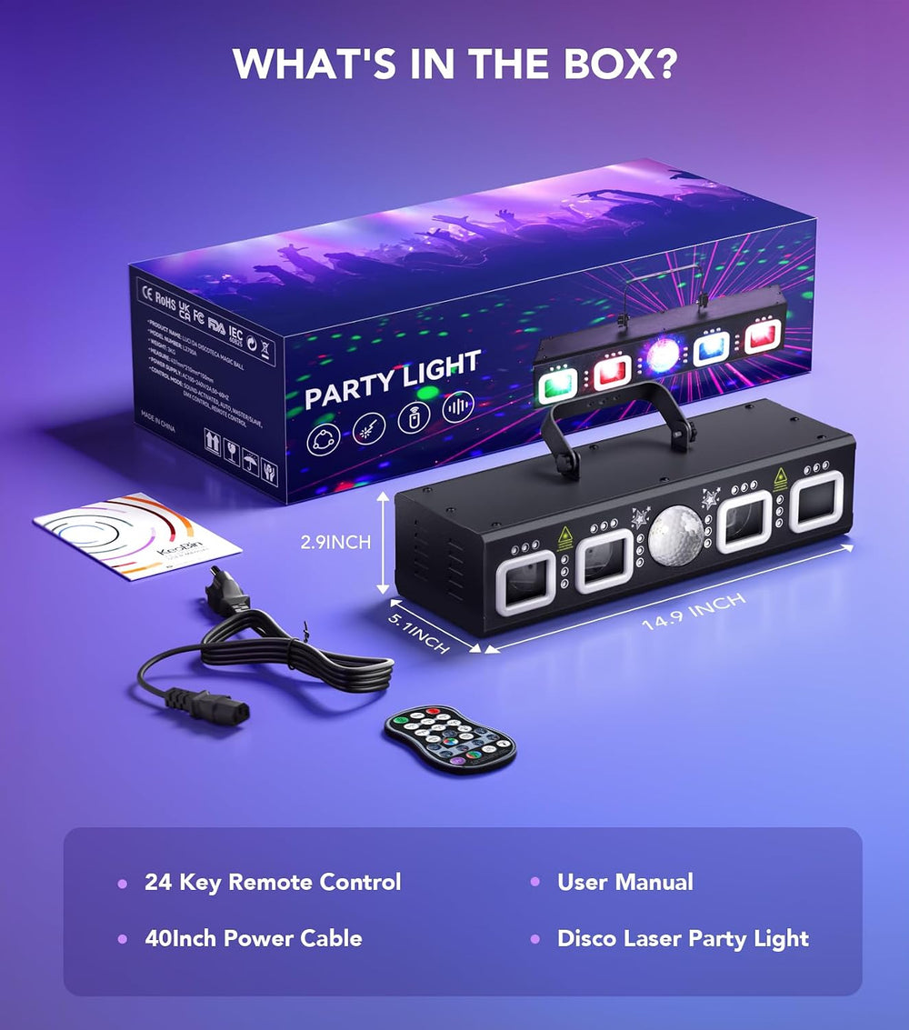 Pro 6 in 1 Disco Lights for Parties, RGBW Strobes, Laser Shows