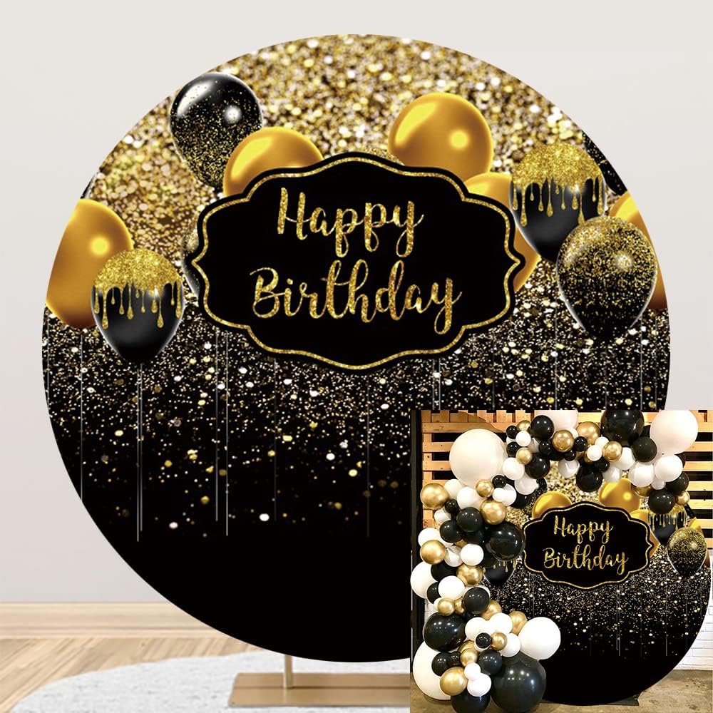 6.5x6.5ft Happy Birthday Round Backdrop Cover Black and Gold Bokeh Sequin Spo...