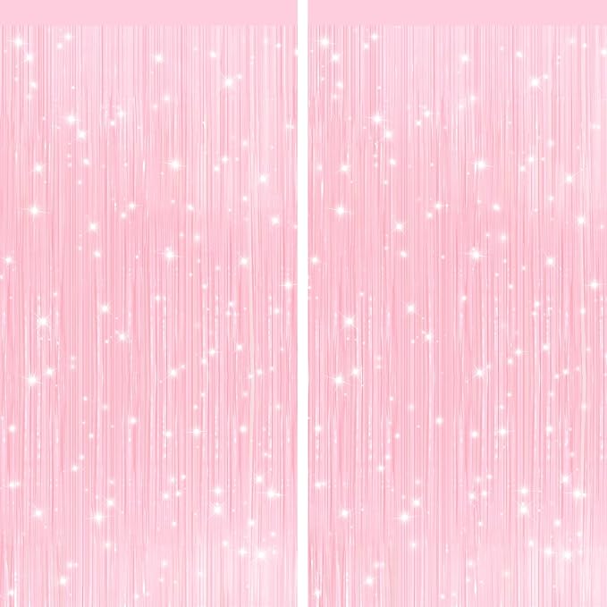 2Pack Pastel Pink Metallic Tinsel Foil Fringe Curtains, Pink Backdrop, Door Streamers Photo Booth Backdrop for Birthday Party, Tinsel Curtain Backdrop for Shower Bachelorette Xmas Party Decorations