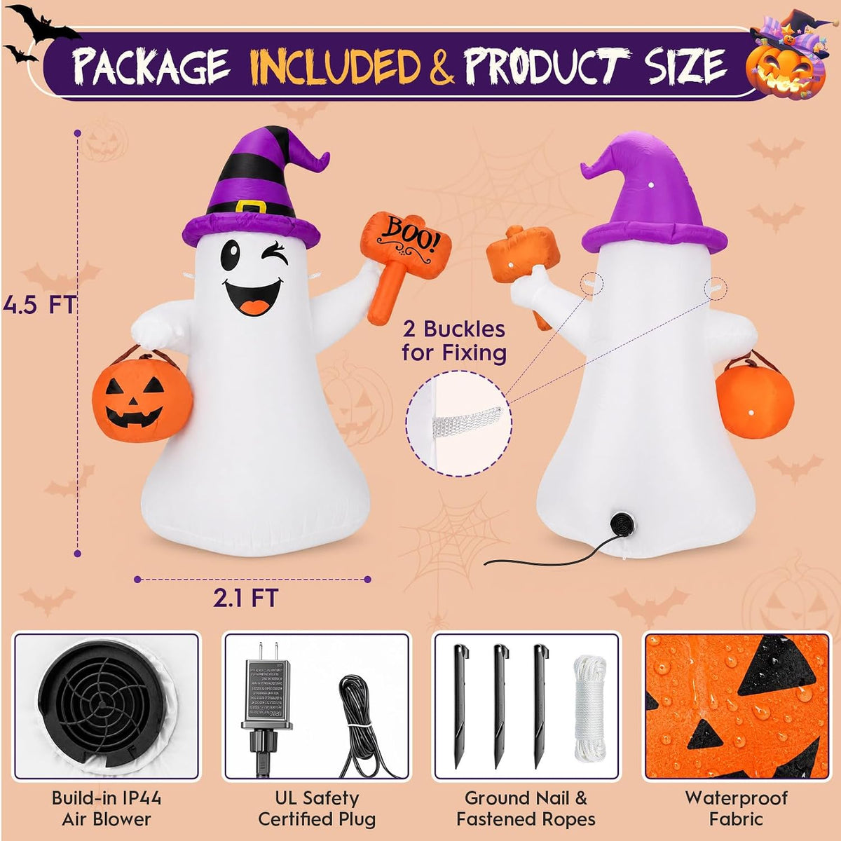 4.5 ft halloween inflatables ghost with pumpkin boo, package contents