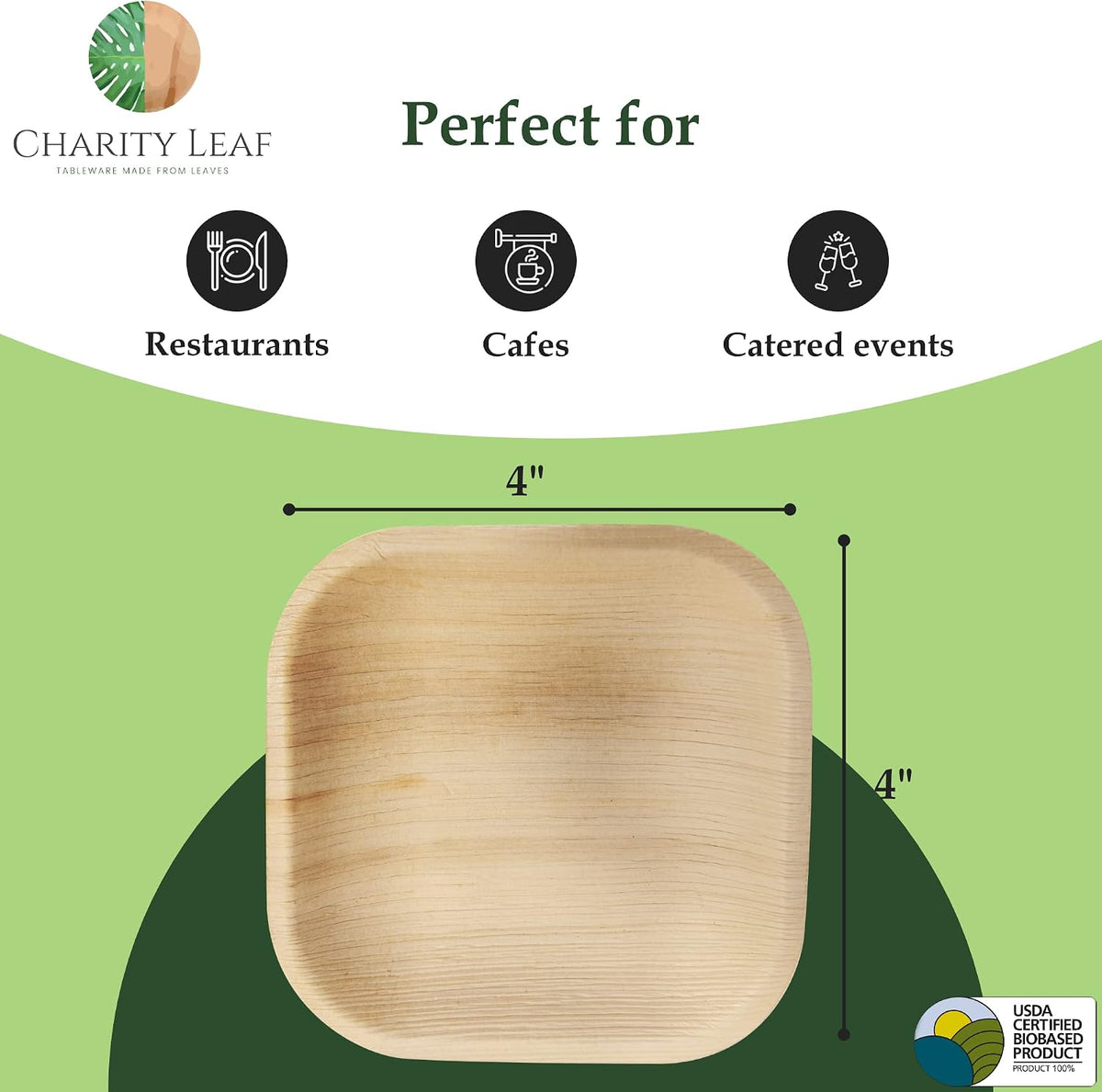 charity leaf disposable bamboo 4" mini appetizer square, close-up detail