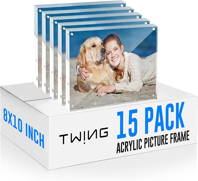 TWING 15 Pack 8x10 Acrylic Picture Frame Bulk, 10+10MM 8 By 10 Acrylic Photo Frame Horizontal Magnet Double Sided Magnetic Frames Set, 10 x 8 Clear Magnetic Block Picture Frame Desktop Display, Gift