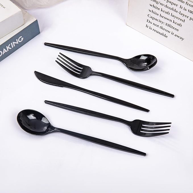 PULOTE 150PCS Black Plastic Silverware Set Disposable - Heavy Duty Black Plastic Cutlery - Black Plastic Utensils Set Include 50 Forks,50 Spoons,50 Knives for Party&New Year