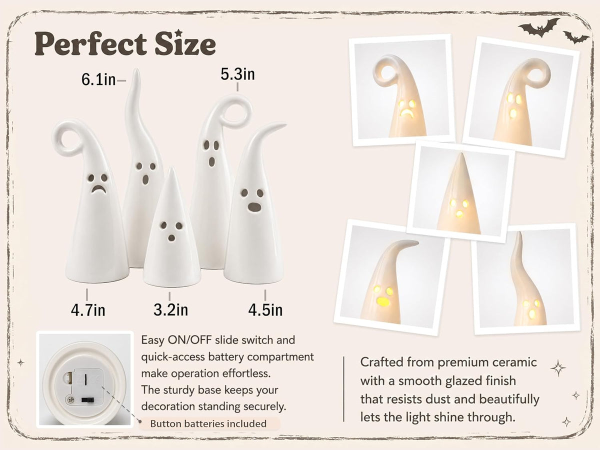 Parsin 5 PCS Ceramic Ghost Light Up Decor, Cute Halloween Decor