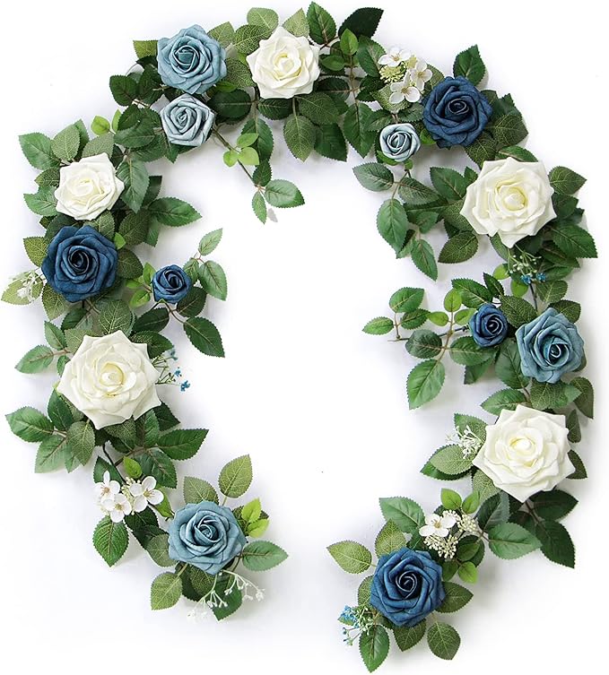PONATIA 5FT Handcrafted Artificial Rose Flower Garland, Dusty Blue Flowers Greenery Garland for Wedding Ceremony Garlands Backdrop Arch Flowers, Ceremony Reception Table Decorations
