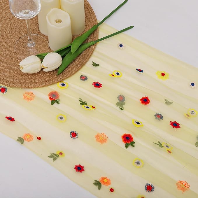 BINBE 12pcs Daisy Fall Table Runner Embroidery Gauze 10FT Florals Seasonal Tulle Holiday Birthday Kitchen Dining Table Decor for Home Party Yellow