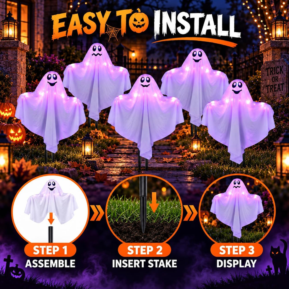 5 Pack Lighted Ghost Halloween Decorations Outdoor, 21" Cute Glowing Pur...