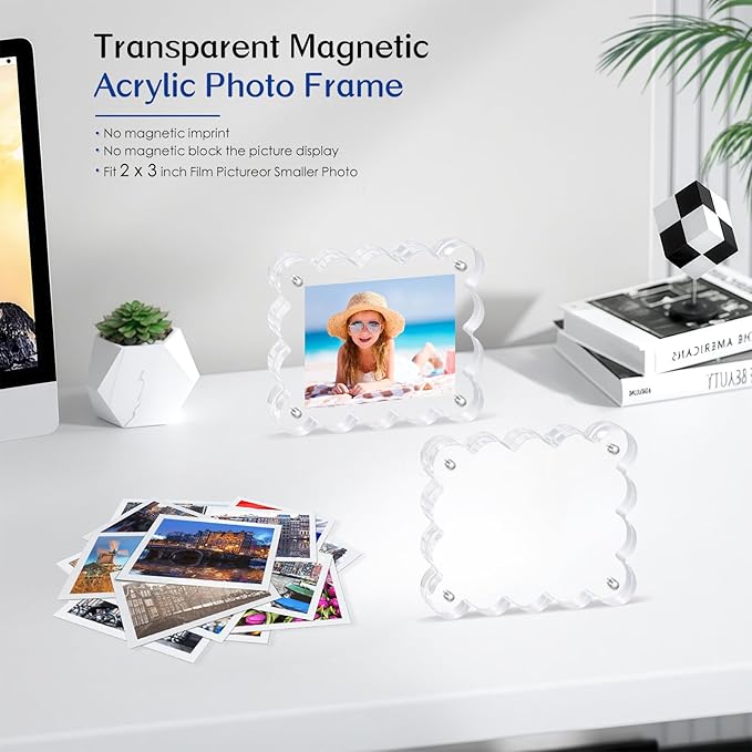 6Pack Magnetic Acrylic Picture Frames 2×3 Inch - Scalloped Glass Frame with 10+10mm Thick Block, Double Sided Clear Frames for Desktop Display | Trendy Home Gift