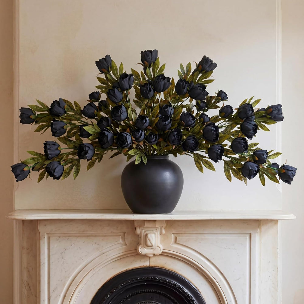 Vintage Peony Artificial Flower Faux Silk Stem, 8 Pcs, Black
