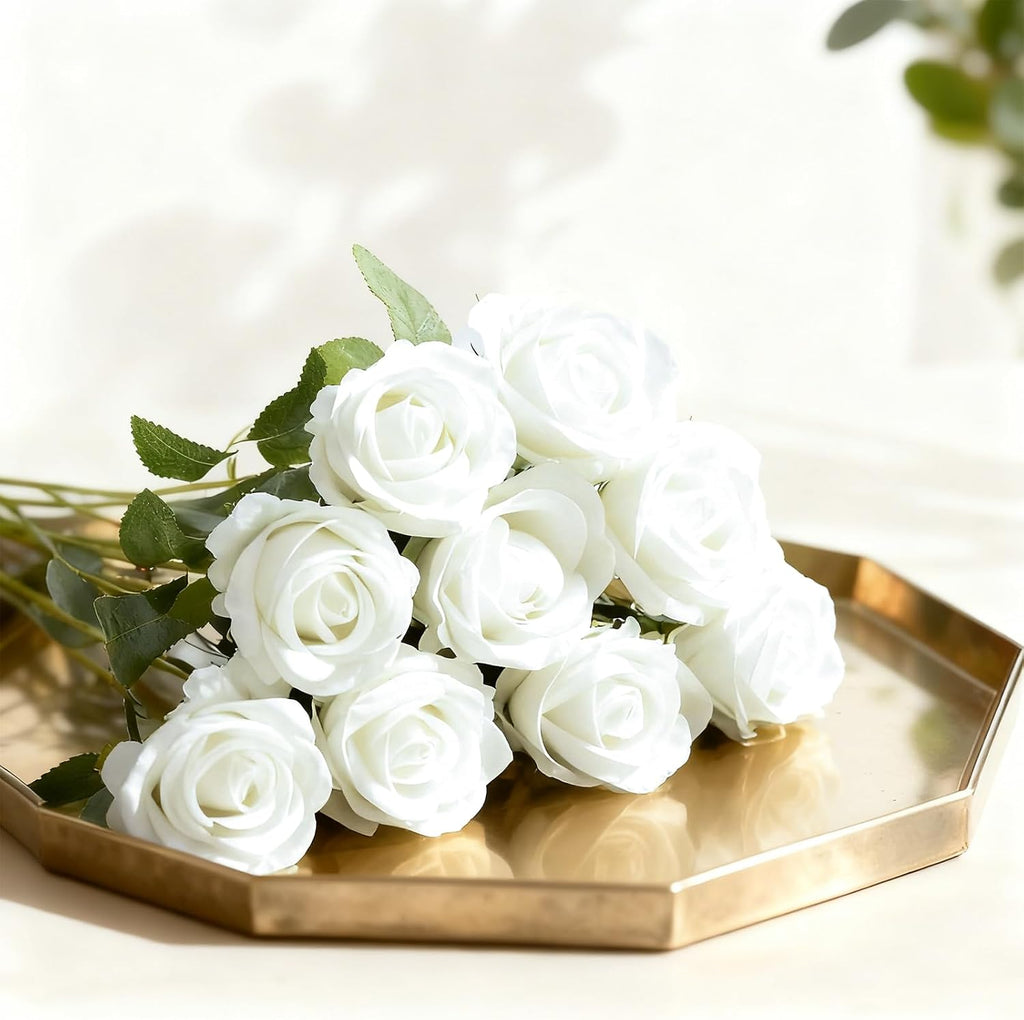 50Pcs White Roses Artificial Flowers with Stems for Home Decor
