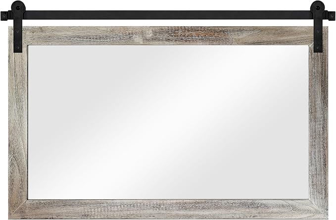 COGOOD Farmhouse Barn Door Mirror - 41" x 26" Rustic Wood Framed Wall Mirror for Bathroom, Living Room, Entryway Wall Decor (Yellow White)