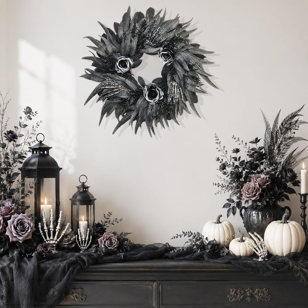 24 inch black and silver rose halloween wreath, package contents