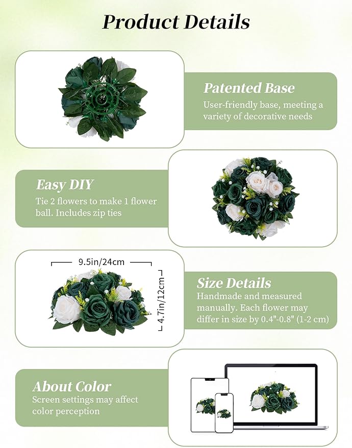 BLOSMON Green Flowers Artificial for Weddings: 10 Pcs Fake Rose Flower Balls for Table Decorations - Fake Silk Kissing Bouquet Floral Arrangement for Home Party Event Decoration