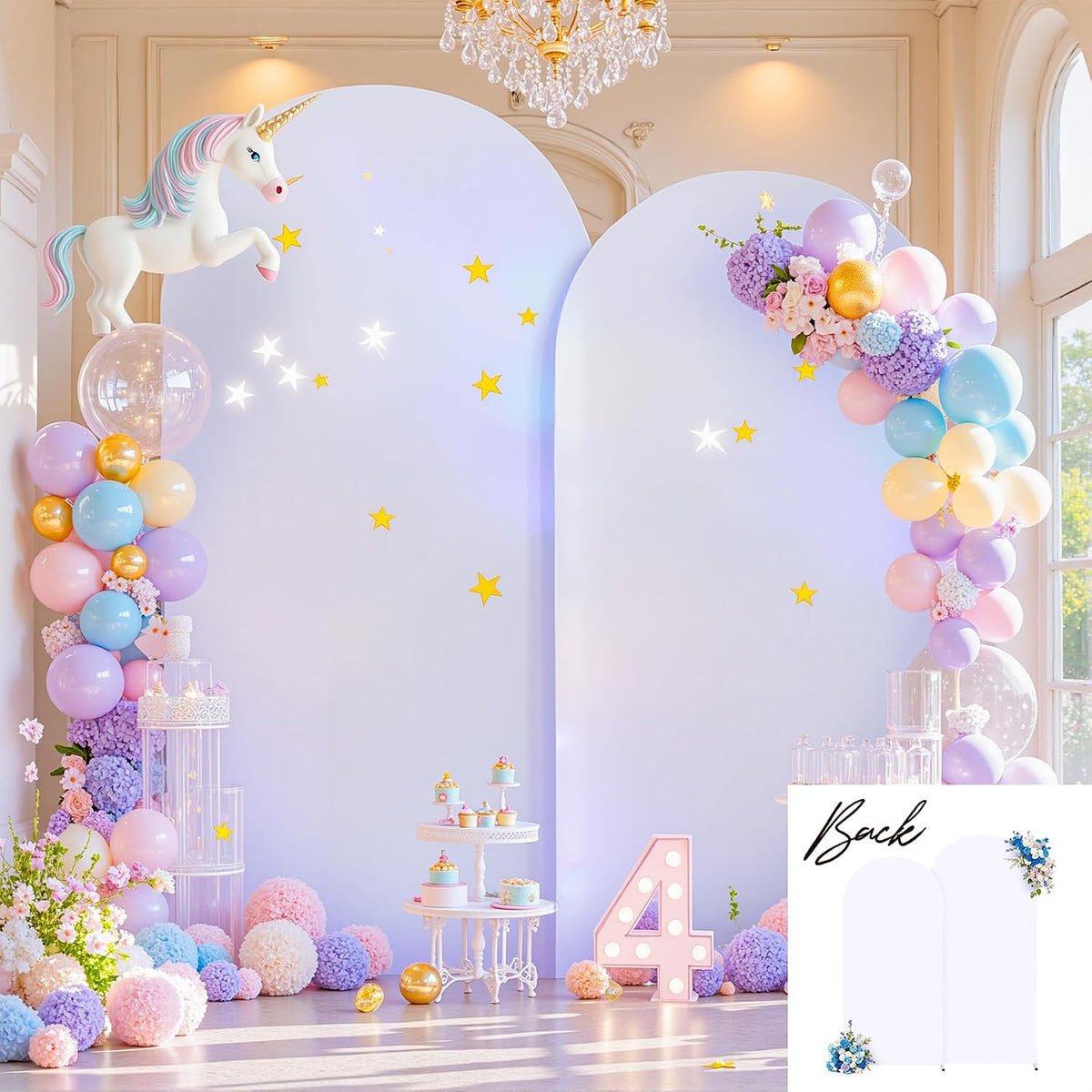 silver and white arch backdrop cover for wedding, side view