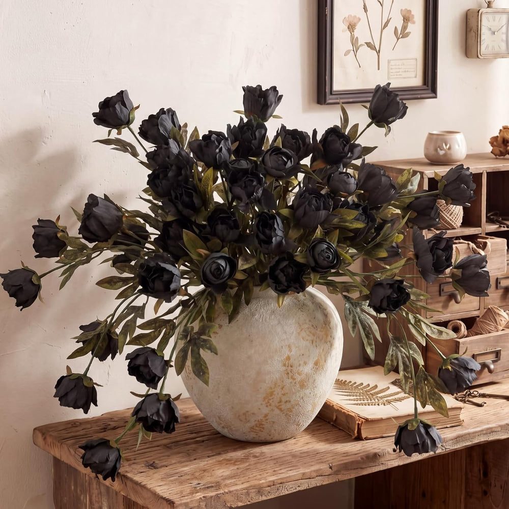 Vintage Peony Artificial Flower Faux Silk Stem, 8 Pcs, Black
