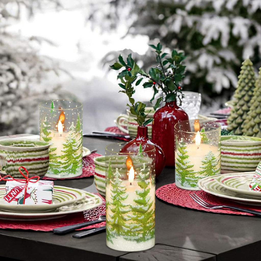 glass flameless christmas tree pillar candles with remote on a desk or shelf
