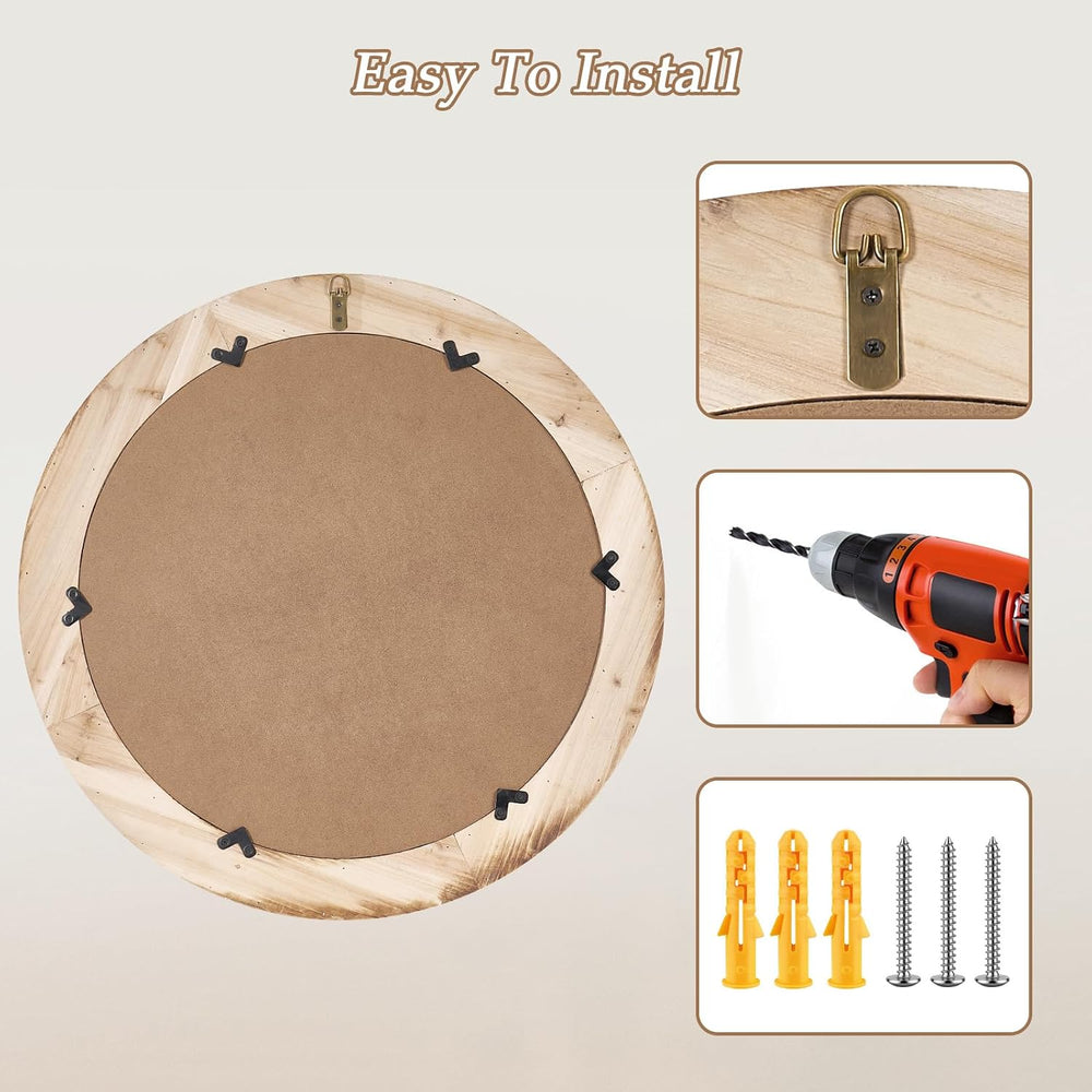 27 Inch Wooden Round Beaded Wall Mirror,Farmhouse Wood Round Mirror
