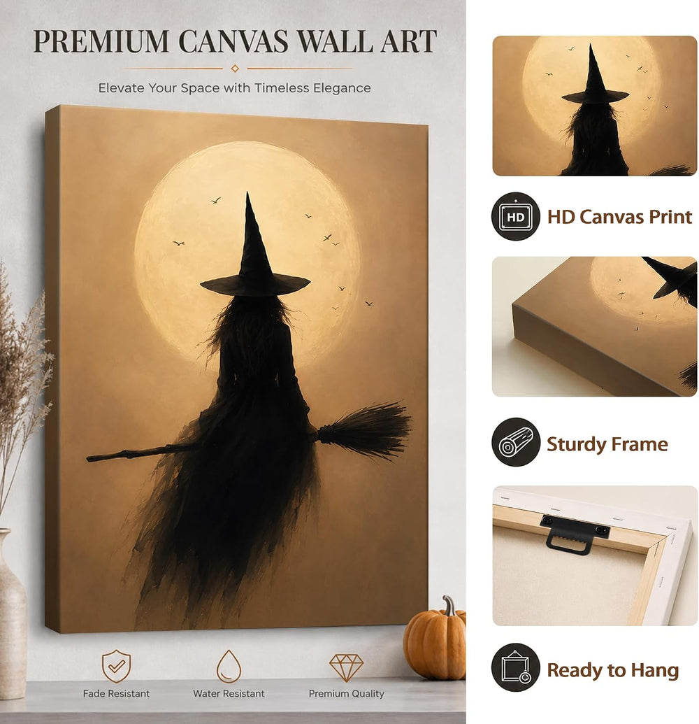 Halloween Canvas Wall Art, Witch on Broom Full Moon Halloween Pictures
