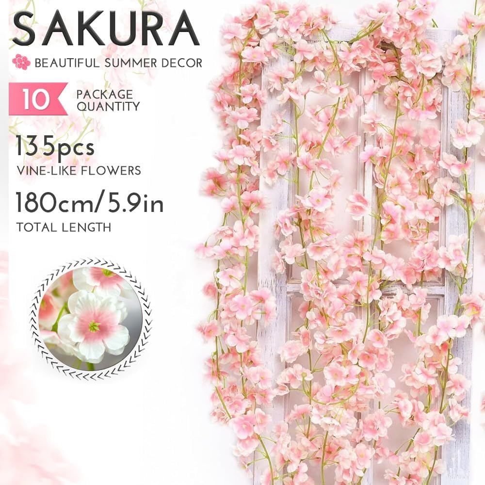 YRIOWMI 10PCS 59FT Artificial Silk Cherry Blossom Garland, Hanging Sakura Flo...