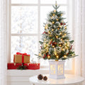 3Ft Pre-Lit Holiday Christmas Tree with Snowflake Base, Artificial Christmas Tree with Timer Function and 78 Led Lights, Snowflake and Red Berry Decorations, Holiday Ready, Easy Indoor Installation
