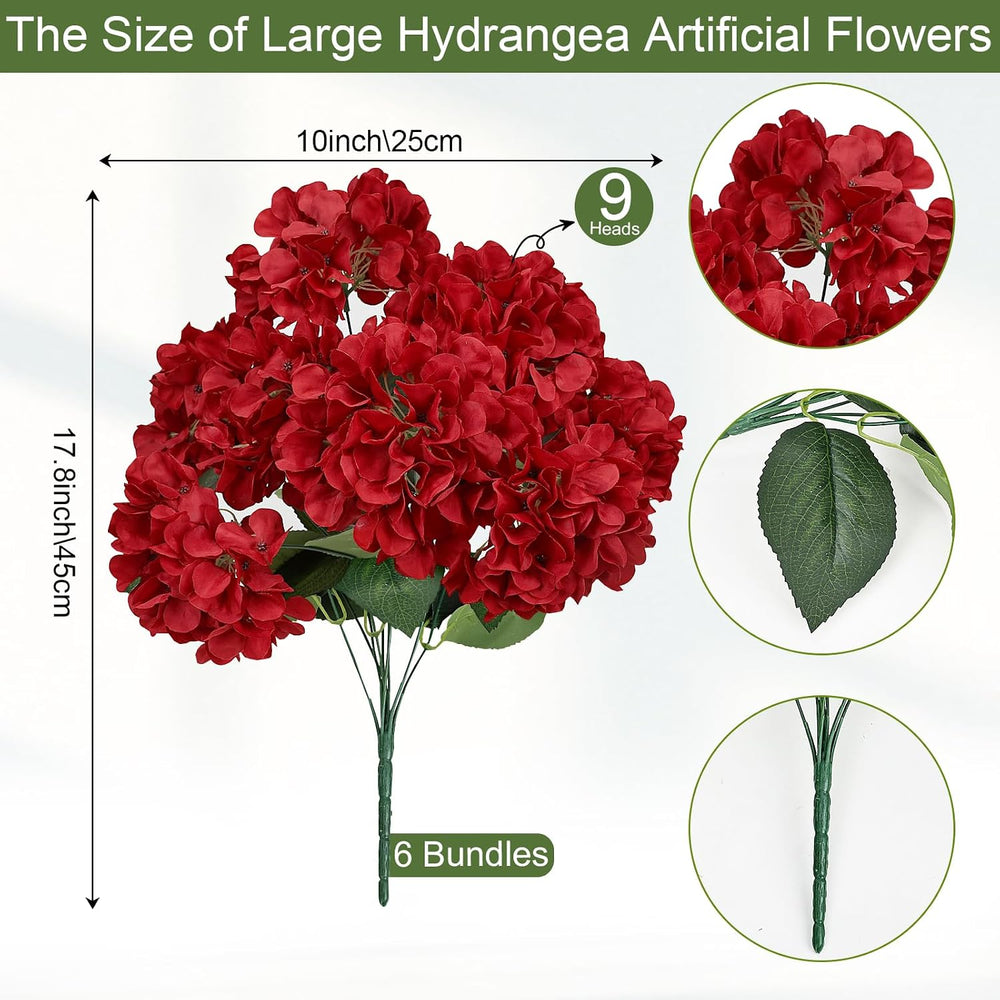 Christmas Red Faux Silk Hydrangea Flowers Bulk, 6 Bundles 54 Heads