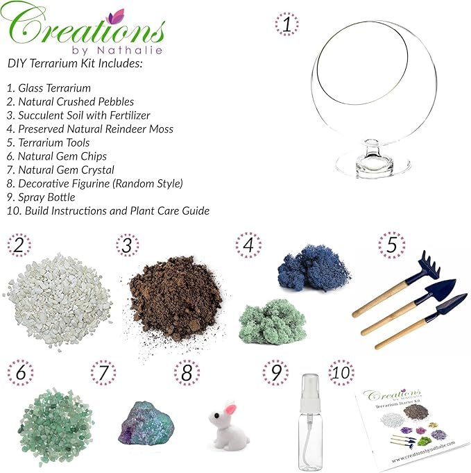 DIY Glass Plant Terrarium Kit for Adults, Metal Stand, Reindeer Moss, Crystals, Rocks, Tools & Figurine – Complete Starter Set