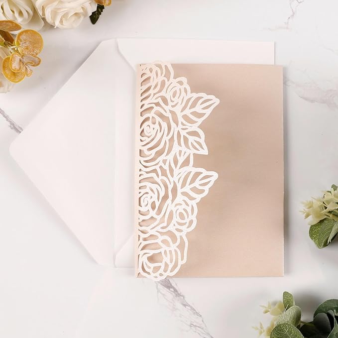 50pcs Tri-Fold Laser Cut Invitation with Envelope Blank Inner Sheets RSVP Cards Personalized Wedding Invitations for Bridal Shower QuinceañEra Engagement Birthday Invites 5X7 Inch Blush Pink
