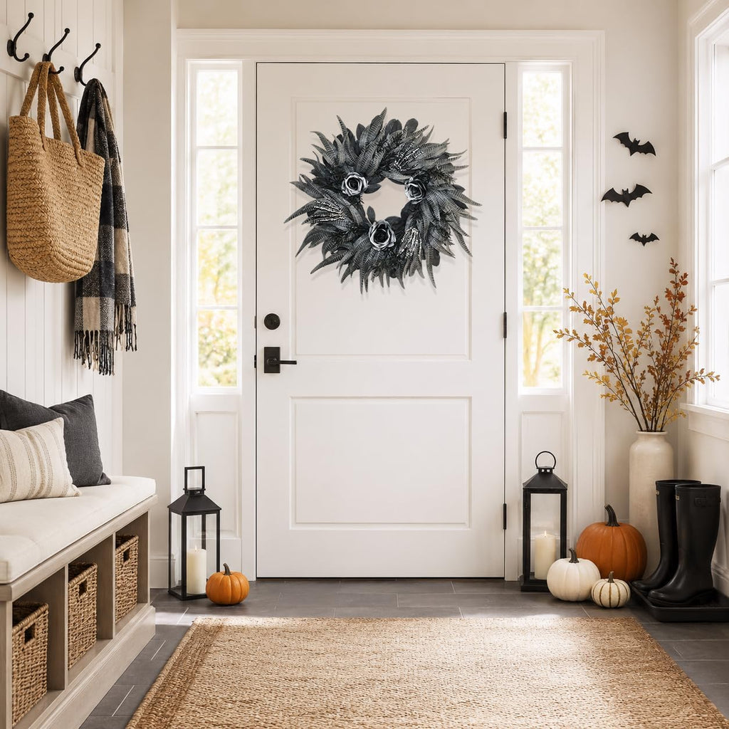 24 inch black and silver rose halloween wreath, close-up detail