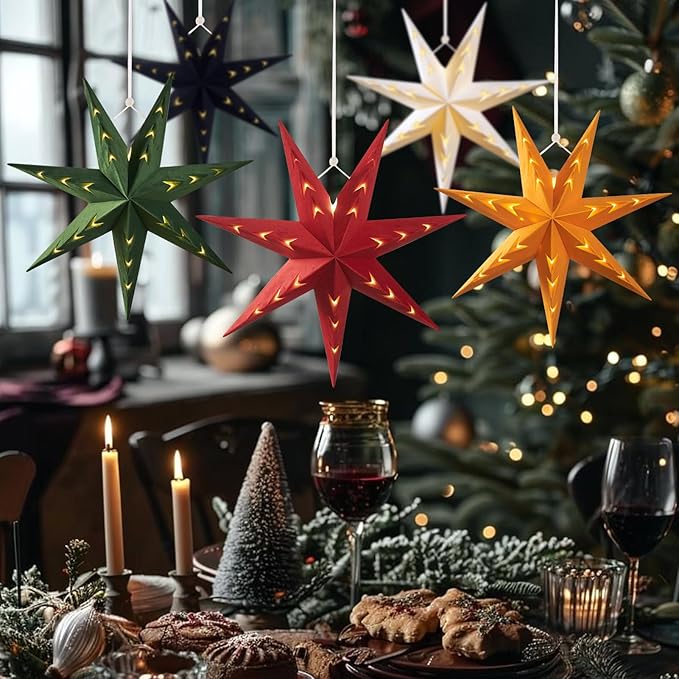 EASY JOY 5-Piece 7-Pointed Paper Star Decoration With Light - 12 Inch 3D Paper Star Lantern for Christmas, Home, Party, Wedding, Birthday