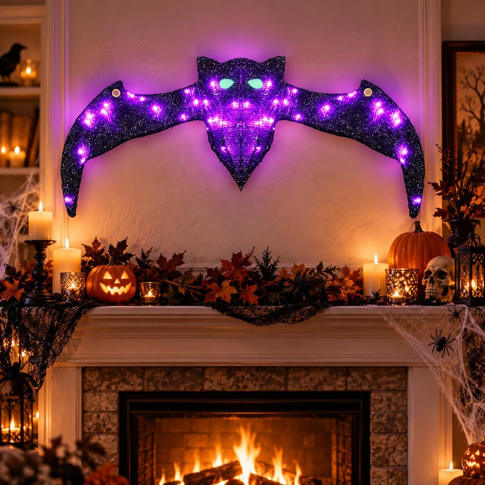 Lighted Hanging Bat Halloween Window Decorations, Large Spooky Glowing Purple...