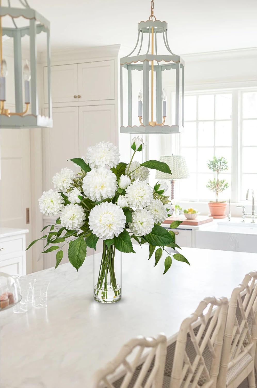 Hollyone White Fake Flowers in Vase Dahlia Artificial Flowers in Glass Vase w...