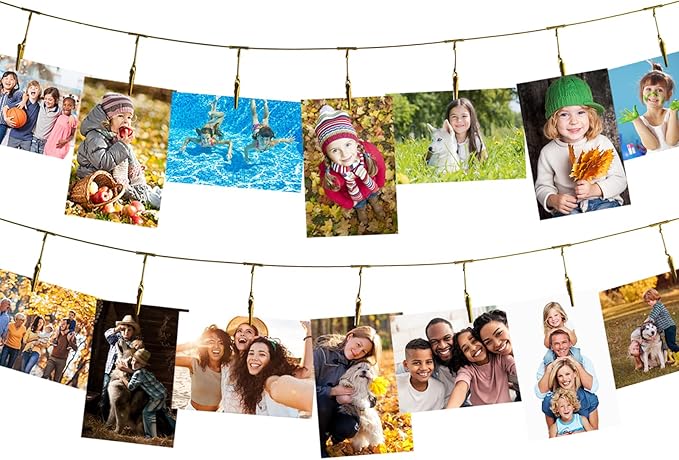 2 Pack Chain Photo Clip Hanging Photo Display Wall Photo Display Metal Photo String with 12 Clips Wall-Mounted Picture Holder for Hanging Painting Family Photos Artworks (Gold Color)
