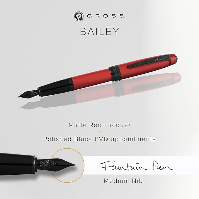 Cross Bailey Refillable Fountain Presented in a Premium Gift Box - Medium Point, Black Ink, Matte Red