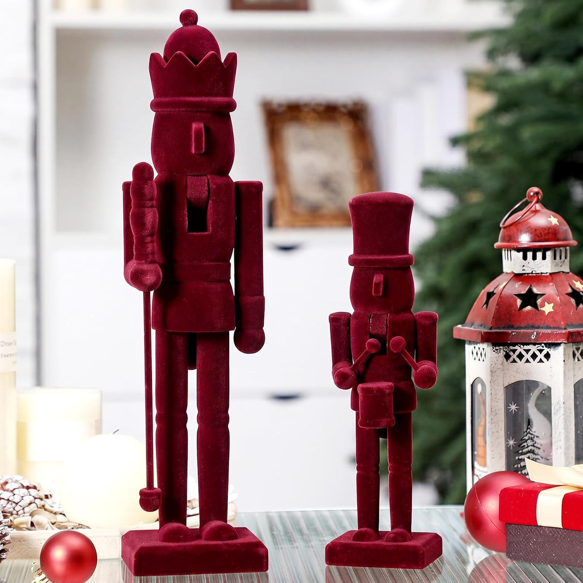 2pc Christmas Nutcracker Figures, Burgundy, Wooden+Velvet
