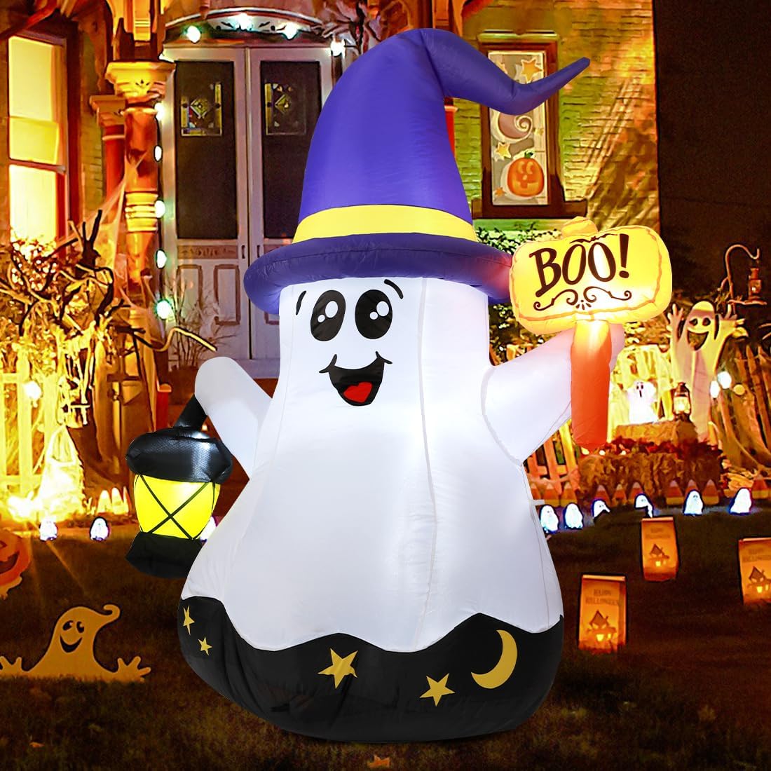 GOOSH 5 FT Halloween Inflatables Ghost Outdoor Decorations Blow Up Yard Cute Wizard Ghost with Hand-Held Light with Built-in LEDs for Garden Lawn Indoor Party Decor