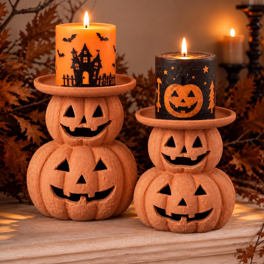 2 Pcs Halloween Terracotta Pumpkin Candle Holder Jack O Lantern Table Decor