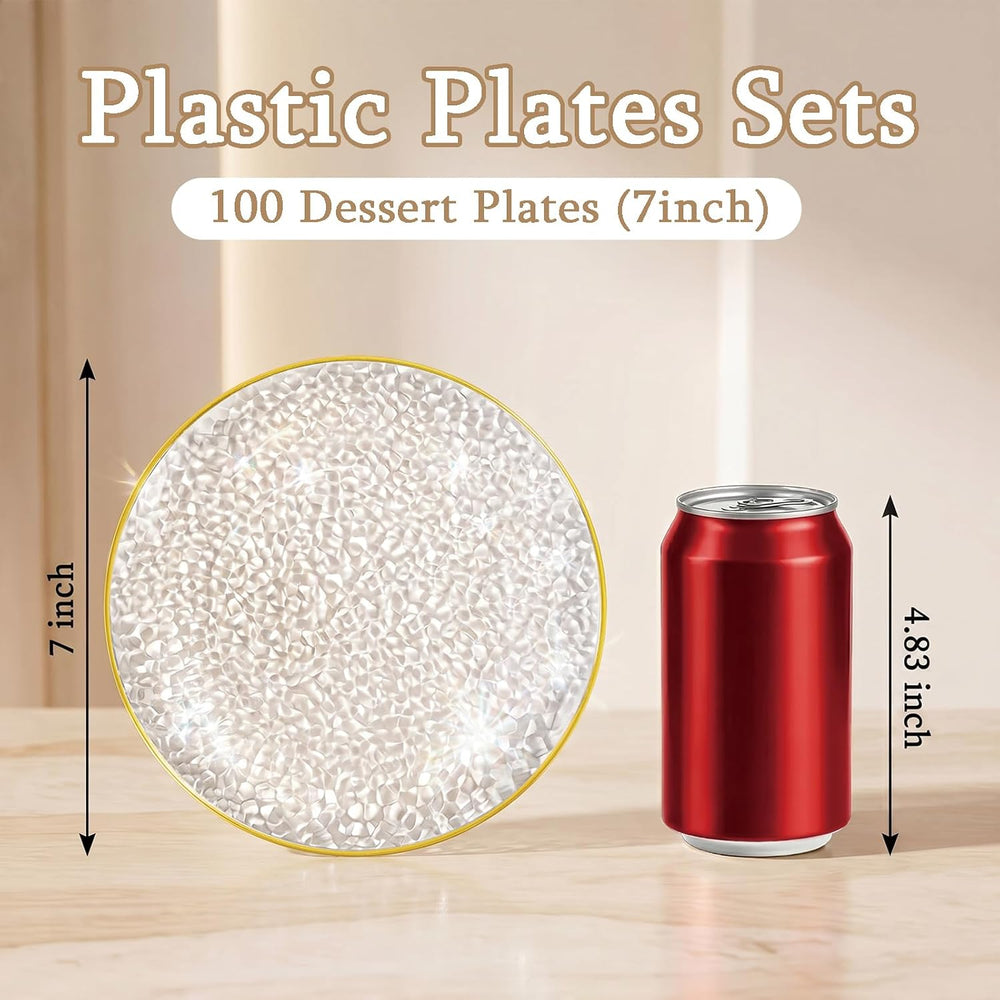 Rubtlamp 100 Pcs Clear Gold Plastic 7 Inch Plates, Small Hammered Party Plate...