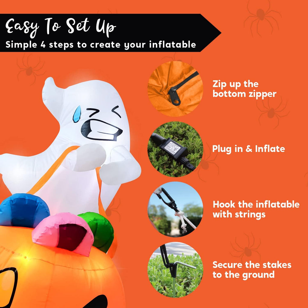 Joiedomi 5 FT Tall Halloween Inflatables Outdoor Decorations, Inflatable Cute Ghost Halloween Decor Outdoor, Blow Up Ghost Lift Pumpkin Candy Bag with Build-in LEDs for Yard Decorations