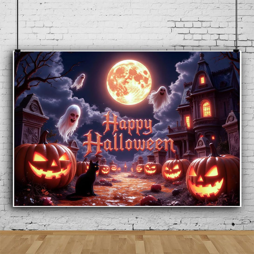 15x10ft Halloween Backdrops for Photoshoot Spooky Golden Full Moon Pumpkin Gh...