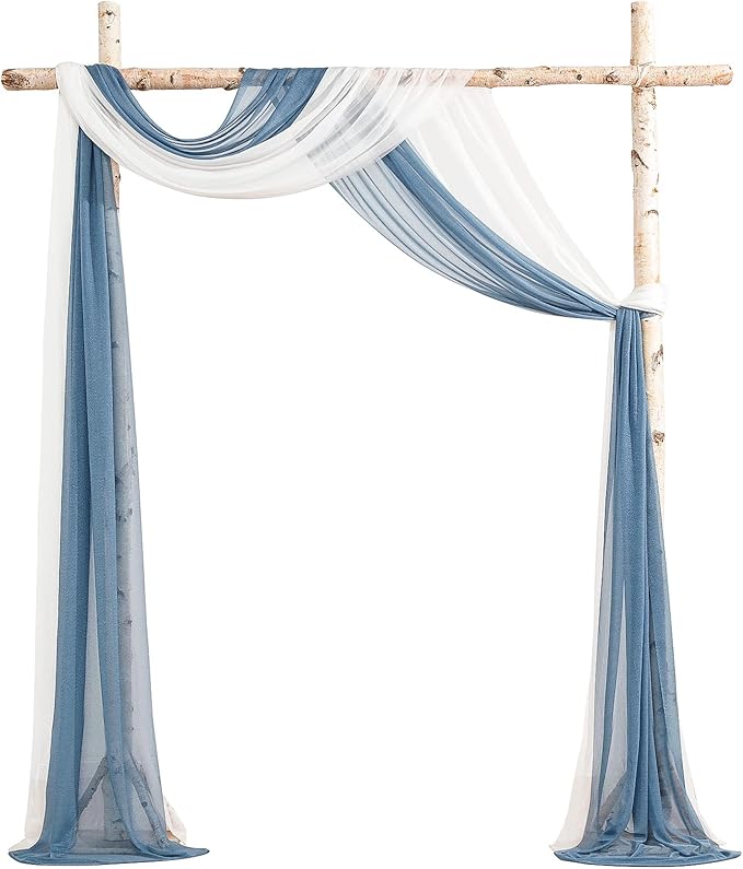 Floroom Wedding Arch Draping Fabric 2 Panels 20Ft Chiffon Fabric Drapes Arbor Drapery Wedding Ceremony Reception Swag Decorations (White & Dusty Blue)