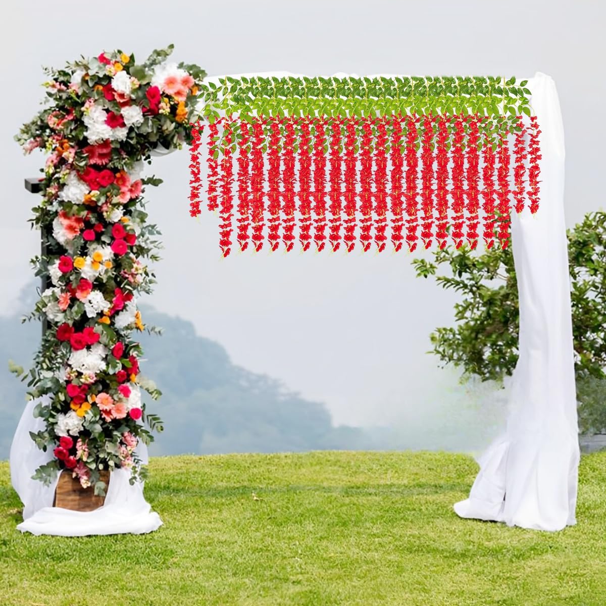 Artificial Wisteria Hanging Flowers Fake Wisteria Flower Garland Silk Vines Rattan Decor for Home Wedding Arch Wall Garden Greenery Bedroom Outdoor Office Party Decoration (36, Red)