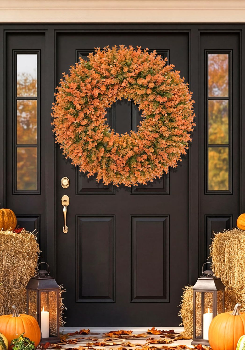 26" fall wreath for front door, outdoor autumn shown in use