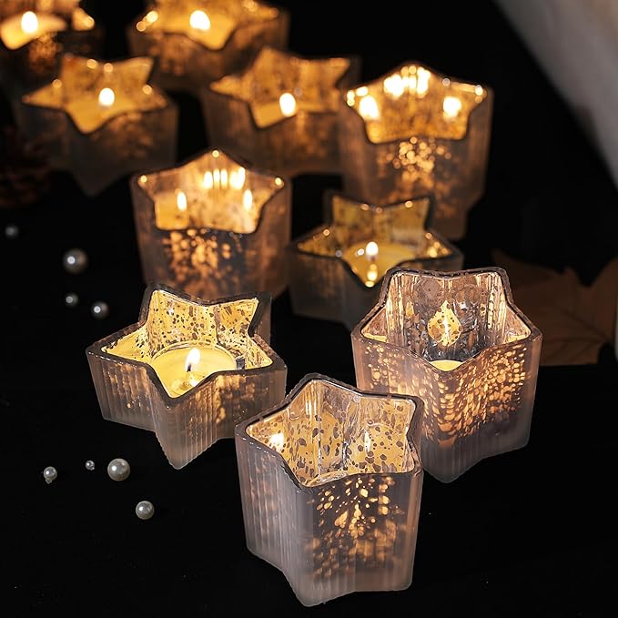 Letine 10pcs Frosted Silver Ribbed Star Candle Cups - Assorted Height Tea Light Candle Holders, Mercury Glass Votives for Wedding, Fall Table Centerpiece& Holiday Decorations (Tall 2.44", Short 1.57")