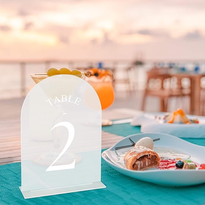 JOYIT Frosted Arch Wedding Table Numbers 1-50 with Stands – 5" X 7" Acrylic Sign Table Number Holders, Perfect for Wedding Receptions, Parties, Anniversaries, and Events