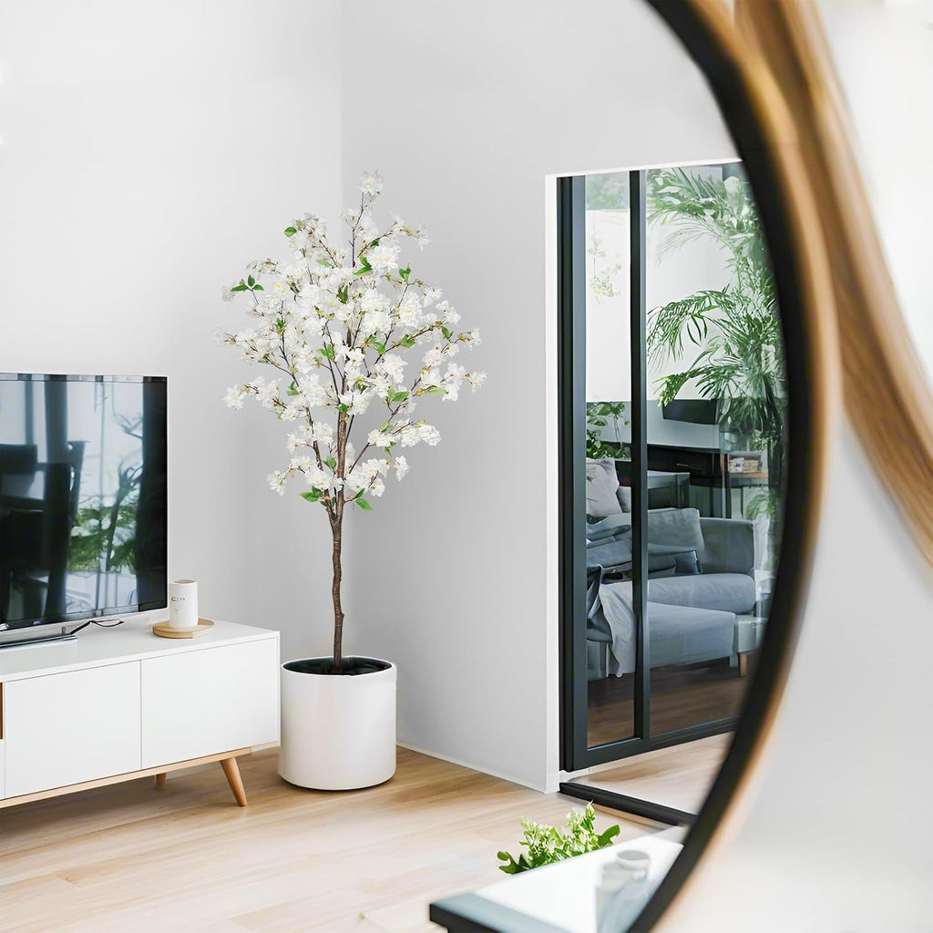 6ft artificial cherry blossom tree, lifelike white cherry showing dimensions