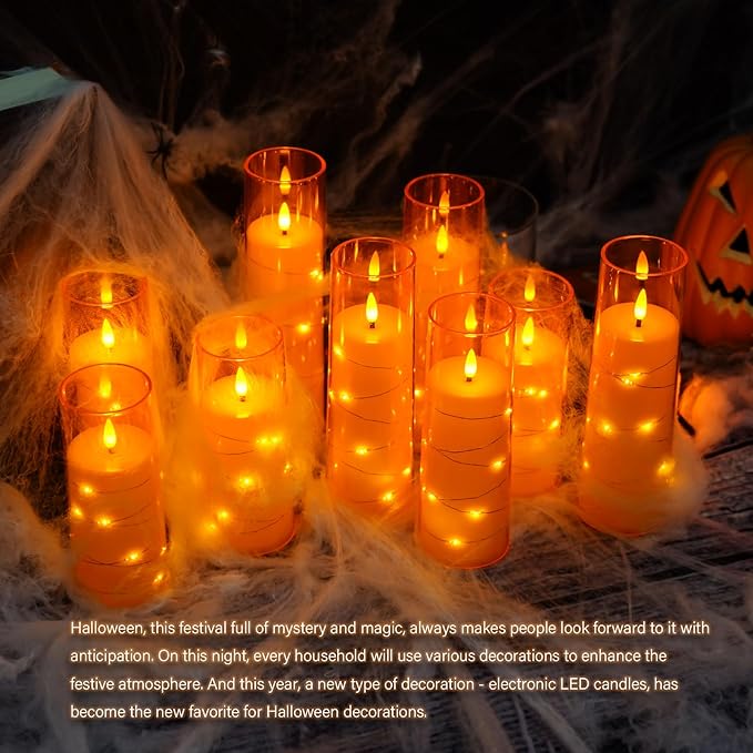 Flameless LED Candles with Timer 9 Pc Flickering Flameless Candles for Romantic Ambiance and Home Decoration Stable Acrylic Shell,with Embedded Star String，Battery Operated Candles（Orange）